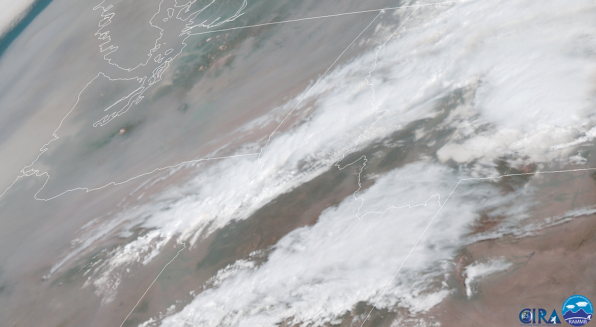 Courtesy of the COOPERATIVE INSTITUTE FOR RESEARCH IN THE ATMOSPHERE and the REGIONAL MESOSCALE METEOROLOGY BRANCH/
A satellite image of the Northwest on Aug. 20 at approximately 10 a.m. showing the smoke from regional wildfires. Lingering fires from Washington and active fires in Oregon are some of the largest contributors of smoke.