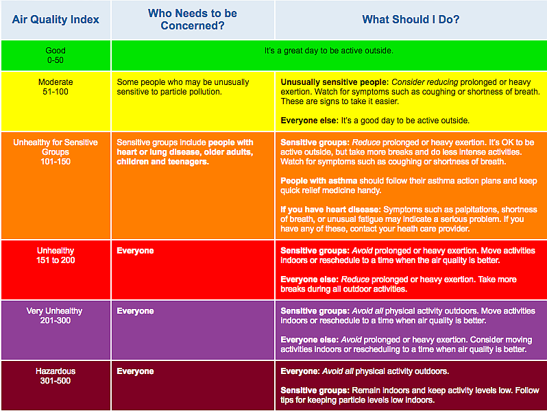 Courtesy of the IDAHO DEPARTMENT OF ENVIRONMENTAL QUALITY/ 
The AQI table showing the pollutant index and corresponding health levels.