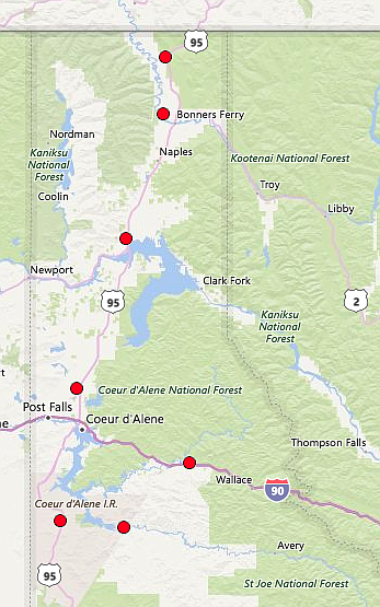 Courtesy of the IDAHO DEPARTMENT OF ENVIRONMENTAL QUALITY/
An air quality report of the Idaho Panhandle Monday morning showing Unhealthy ratings across the map.