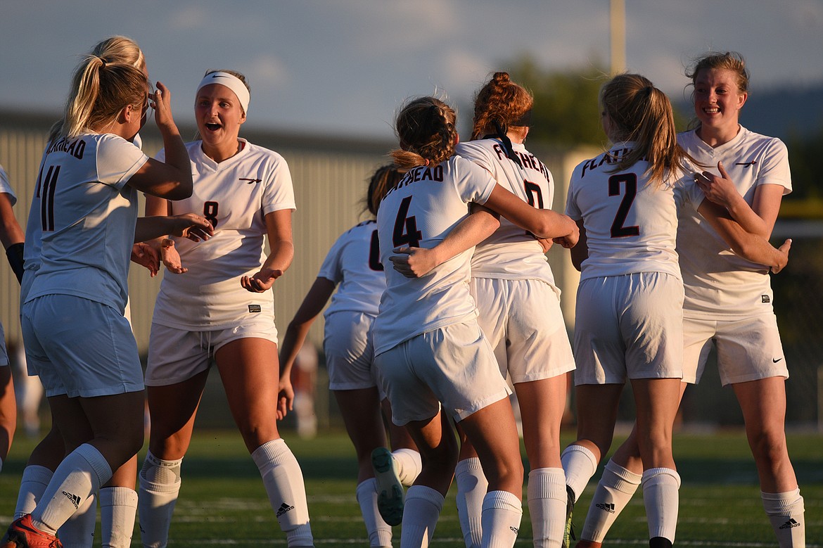 Flathead celebrates a goal against Glacier during a crosstown matchup at Legends Stadium on Thursday. (Casey Kreider/Daily Inter Lake)