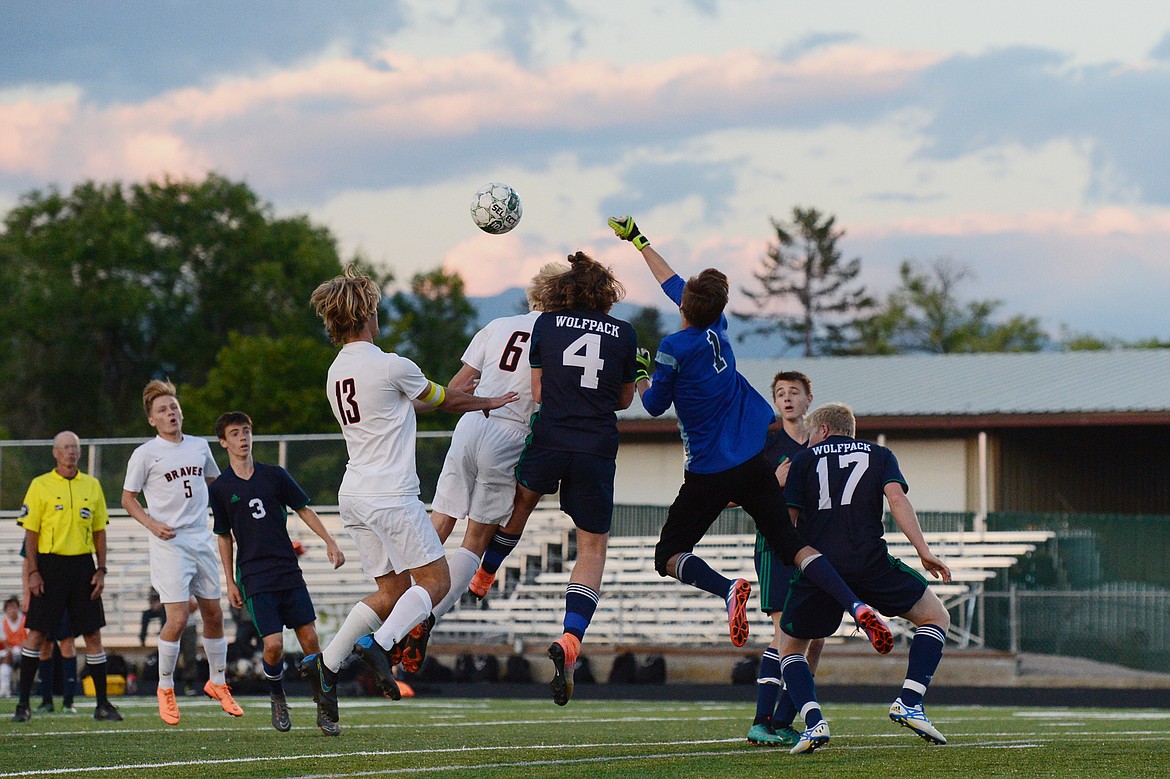 Flathead and Glacier battle for a corner kick during a crosstown matchup at Legends Stadium on Thursday. (Casey Kreider/Daily Inter Lake)