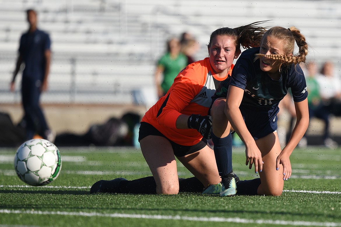 Glacier's Madison Becker and Flathead goalkeeper Aaris Hill watch Becker's shot go wide of the goal during a crosstown matchup at Legends Stadium on Thursday. (Casey Kreider/Daily Inter Lake)