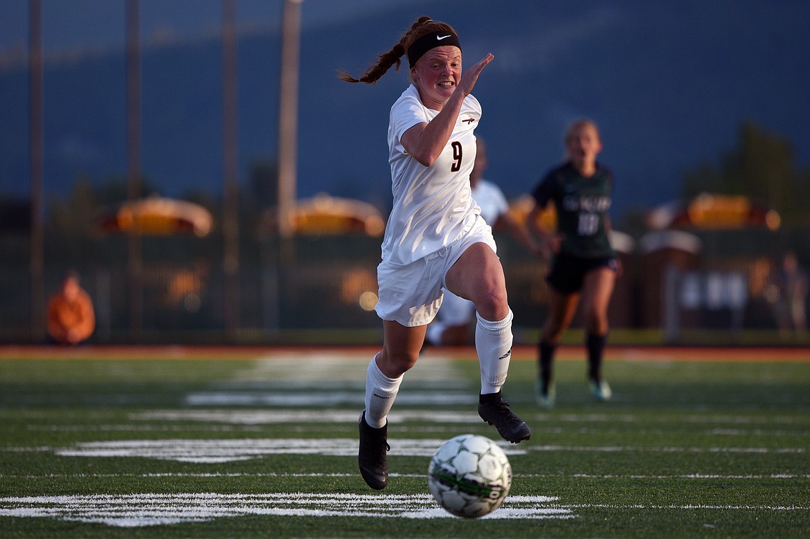 Flathead's Skyleigh Thompson works the ball upfield against Glacier during a crosstown matchup at Legends Stadium on Thursday. (Casey Kreider/Daily Inter Lake)