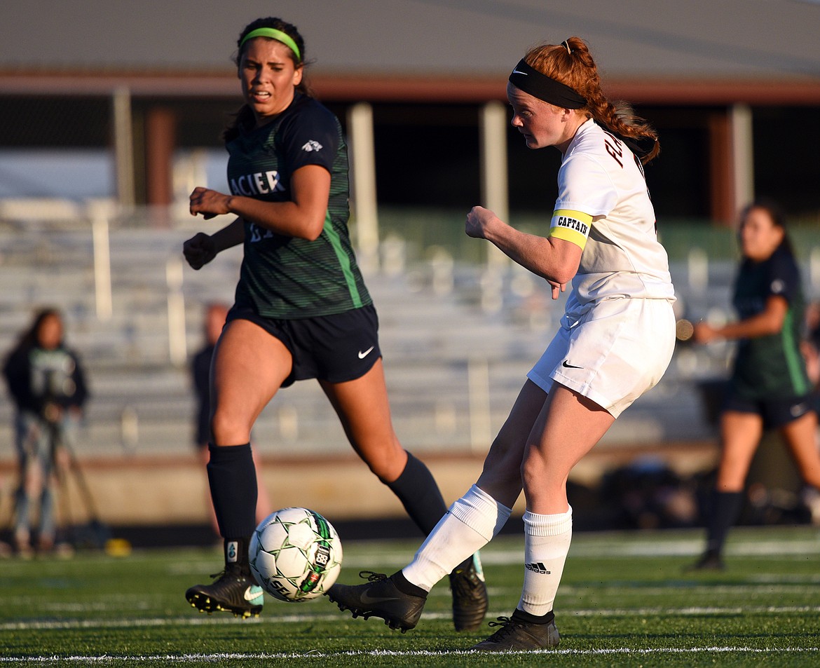 Flathead's Skyleigh Thompson scores a goal against Glacier during a crosstown matchup at Legends Stadium on Thursday. (Casey Kreider/Daily Inter Lake)