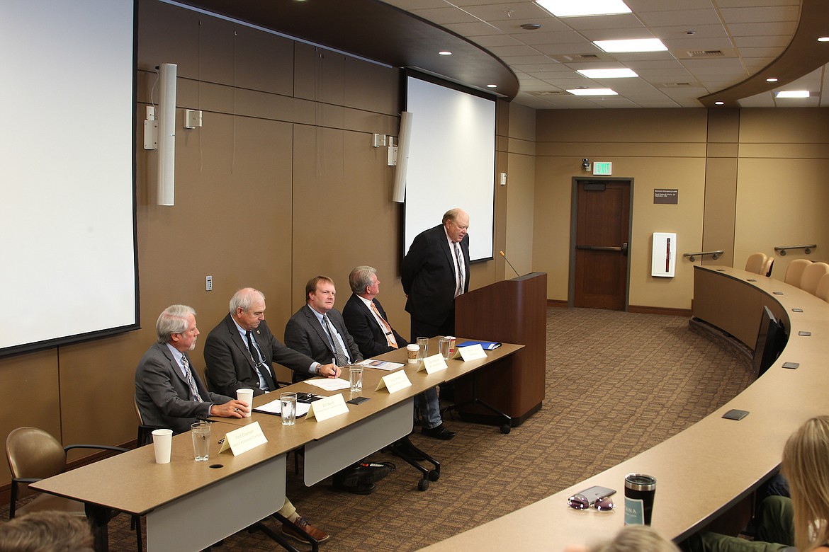 Idaho Gov. C.L. &#145;Butch&#146; Otter looks on as Idaho Lakes Commission Chairman speaks during Thursday&#146;s signing ceremony. Also pictured are Bill Booth of the Northwest Power &amp; Conservation Council, Idaho Fish &amp; Game Director Virgil Moore and Bonneville Power Adminstrator Elliot Mainzer.

(Photo by KEITH KINNAIRD)