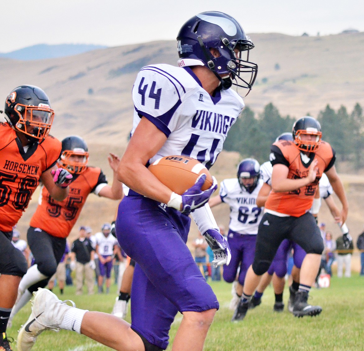 CHARLO HIGH School&#146;s Isaiah Allik (44) returns an interception for a touchdown right before halftime Saturday afternoon at Plains High School. The Vikings will host their arch-rival Arlee Friday night at Charlo. (Erin Jusseaume/Clark Fork Valley Press)