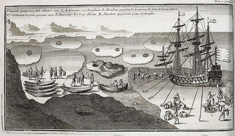 FLICKR THE COMMONS
European ship coming into contact with the Inuit in the icy Hudson Bay in 1697.