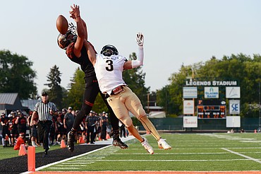 Billings West defensive back Jesse Owen (3) breaks up a pass intended for Flathead's AJ Jones in the end zone in the fourth quarter at Legends Stadium on Friday. (Casey Kreider/Daily Inter Lake)