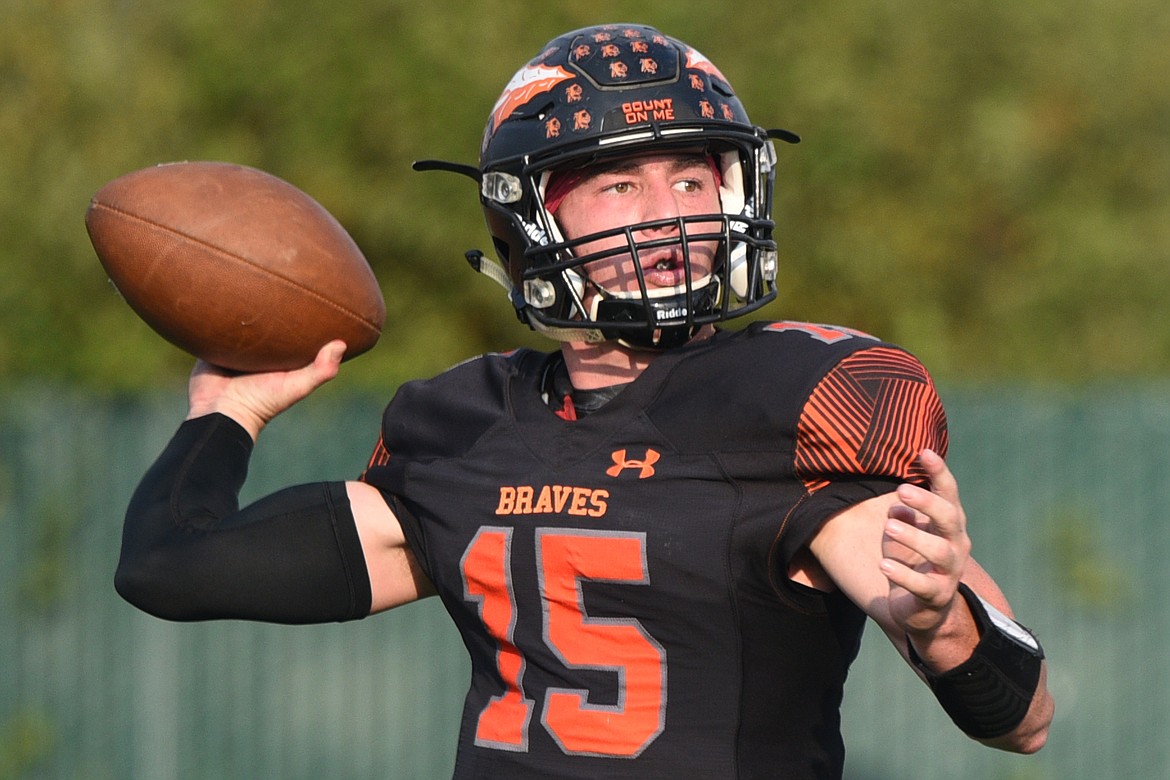 Flathead quarterback Jaden MacNeil (15) looks to throw against Billings West at Legends Stadium on Friday. (Casey Kreider/Daily Inter Lake)