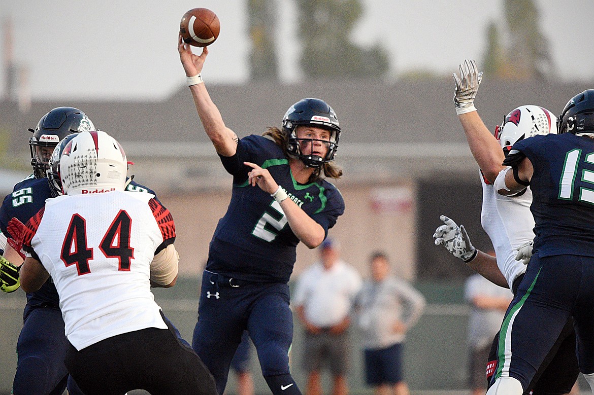 Glacier quarterback Evan Todd throws in the first quarter against Bozeman at Legends Stadium on Friday. (Casey Kreider/Daily Inter Lake)