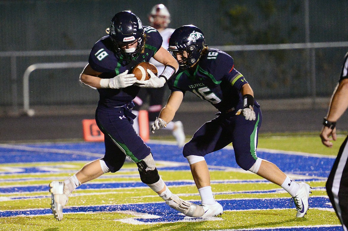 Glacier defensive back Garret Frost hauls in an interception off Bozeman quarterback Kristopher Brown in the second quarter at Legends Stadium on Friday. (Casey Kreider/Daily Inter Lake)