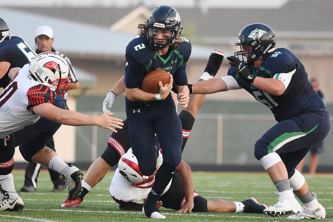 Glacier quarterback Evan Todd looks for running room in the first quarter against Bozeman at Legends Stadium on Friday. (Casey Kreider/Daily Inter Lake)