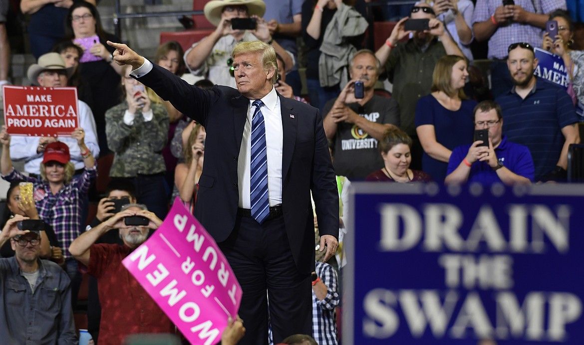 President Donald Trump reacts to the crowd as he  finishes his speech at a rally in Billings, Mont., Thursday, Sept. 6, 2018.(AP Photo/Susan Walsh)