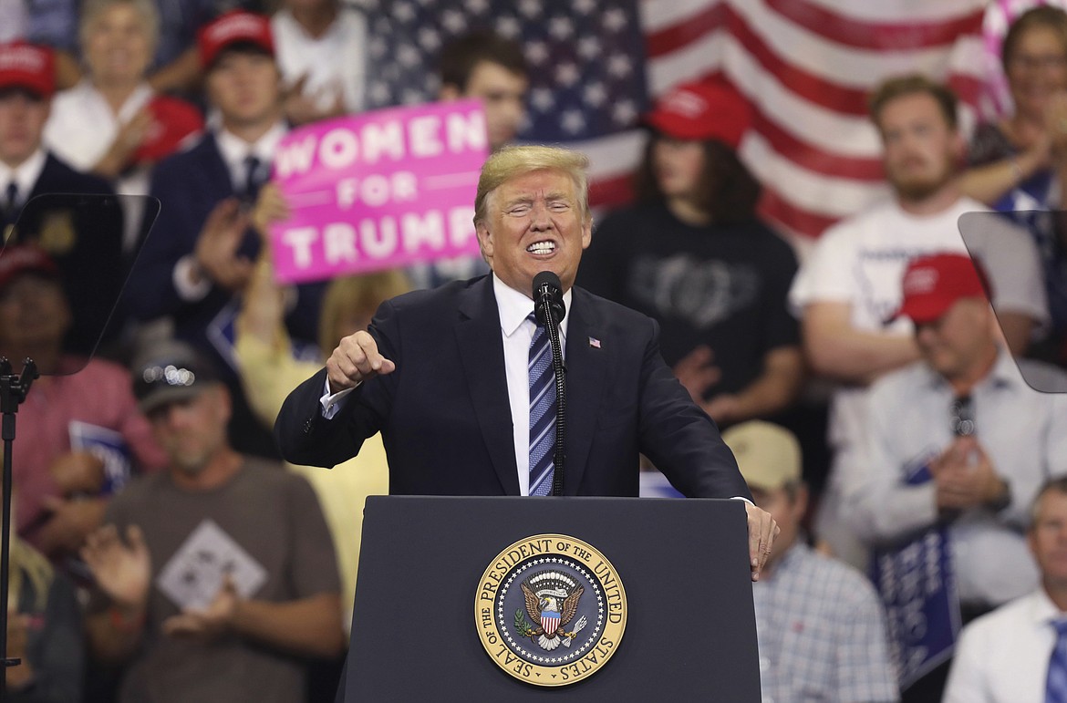 President Donald Trump speaks at a rally at the Rimrock Auto Arena in Billings, Mont., Thursday, Sept. 6, 2018. (AP Photo/Jim Urquhart)