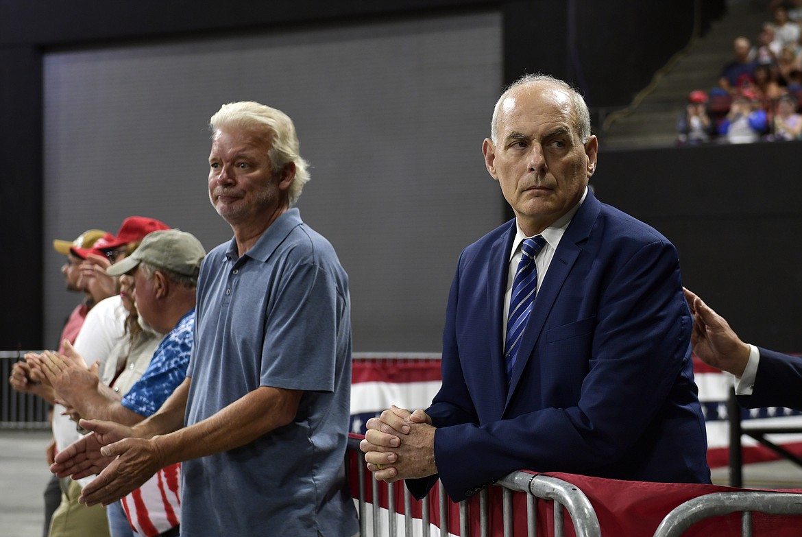 White House Chief of Staff John Kelly pauses during a prayer before the start of a rally with President Donald Trump in Billings, Mont., Thursday, Sept. 6, 2018.(AP Photo/Susan Walsh)