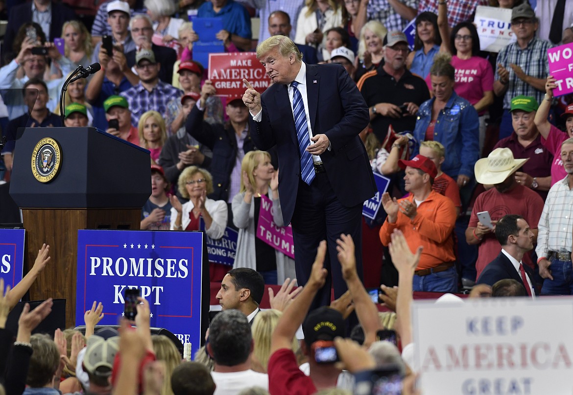 President Donald Trump reacts to the crowd as he finishes his speech at a rally in Billings, Mont., Thursday, Sept. 6, 2018.(AP Photo/Susan Walsh)