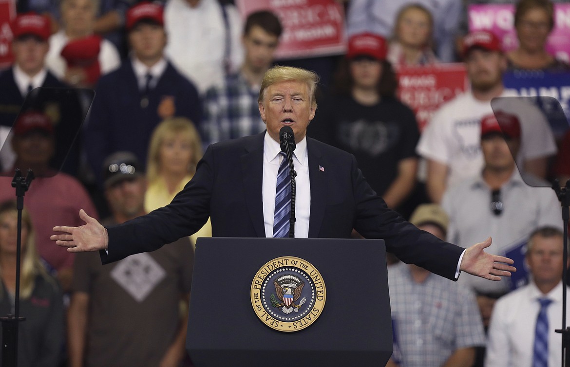 President Donald Trump speaks at a rally at the Rimrock Auto Arena in Billings, Mont., Thursday, Sept. 6, 2018. (AP Photo/Jim Urquhart)