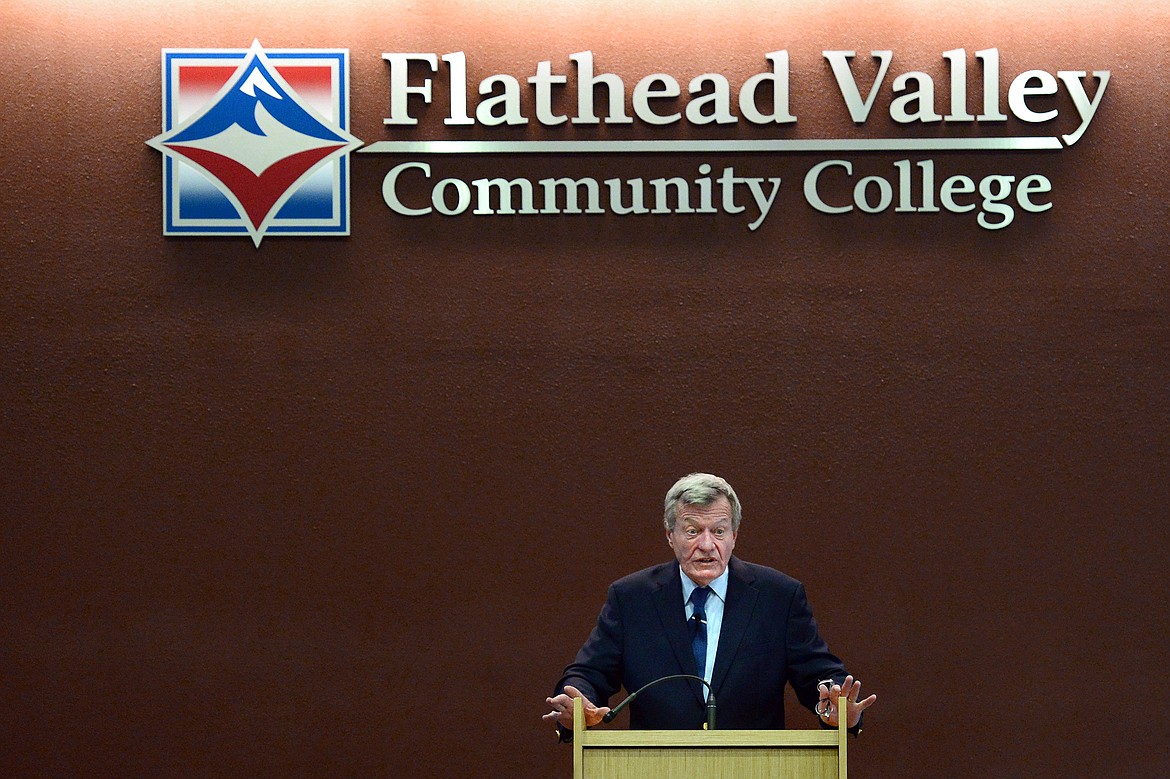 Former Montana Senator Max Baucus speaks during the annual Mansfield Lecture at Flathead Valley Community College on Wednesday. (Casey Kreider/Daily Inter Lake)