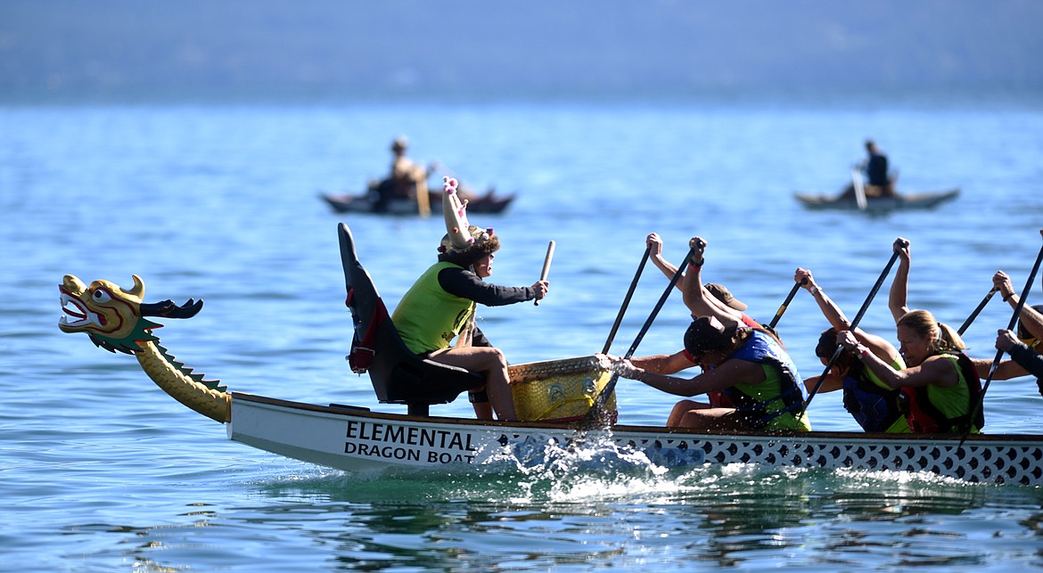 The Bozeman Vikings pull ahead of their competition during a race in 2016 in Lakeside at the Montana Dragon Boat Festival.(Brenda Ahearn/Daily Inter Lake)