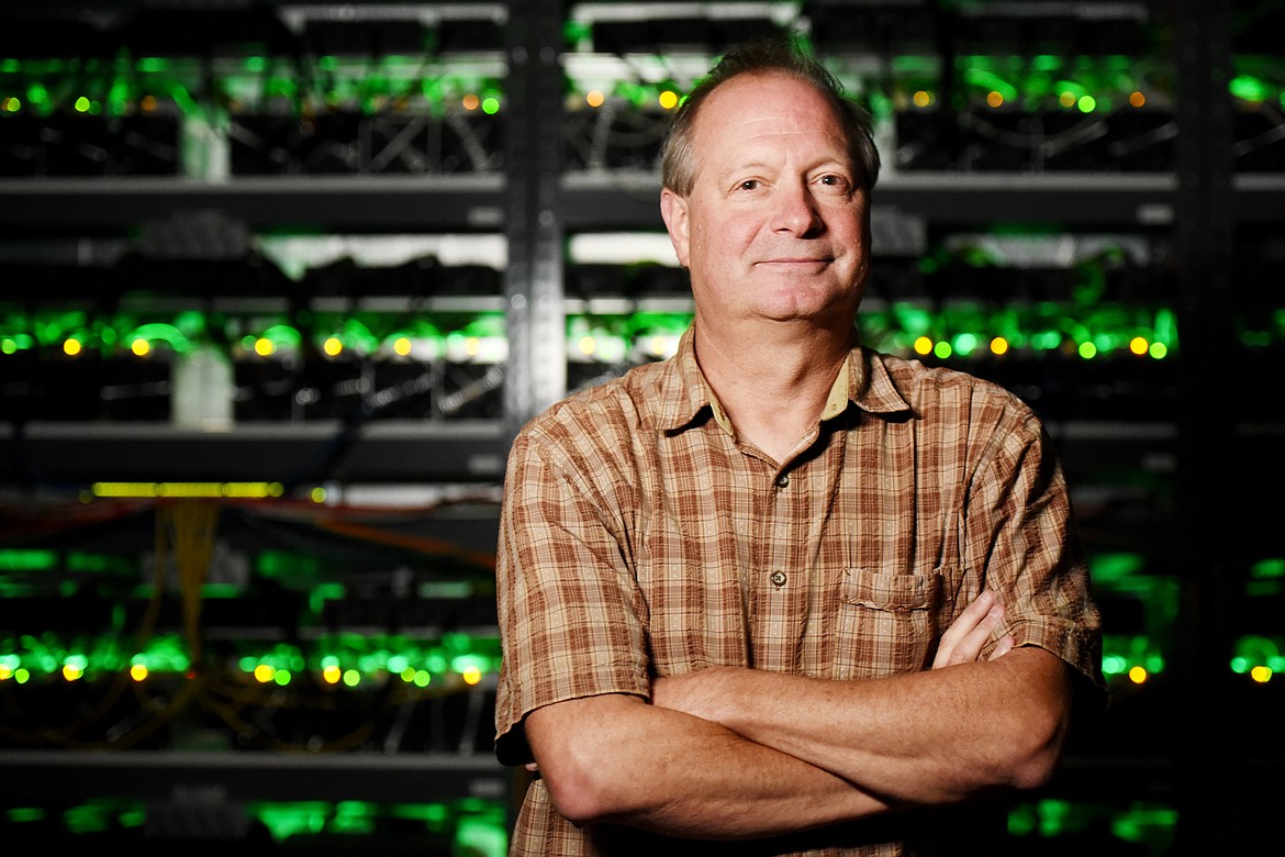 Jeff Russell of Teakettle Mining in his bitcoin mining facility near Columbia Falls on Monday afternoon, August 20. Russell is the co-owner of the facility that is currently looking at other sites it may expand to. (Brenda Ahearn/Daily Inter Lake)