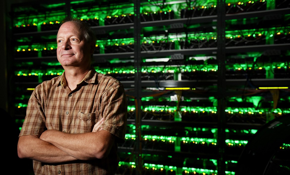 Jeff Russell of Teakettle Mining in his bitcoin mining facility near Columbia Falls on Monday afternoon, August 20. Russell is the co-owner of the facility that is currently looking at other sites it may expand to.(Brenda Ahearn/Daily Inter Lake)