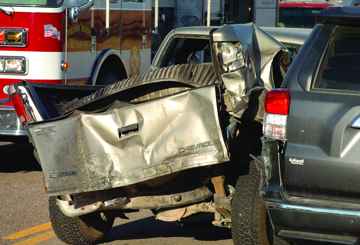 The Chevy S10 pictured above was struck from behind and pushed into the side of a Toyota 4Runner during the morning drive wreck Wednesday, Sept. 5. The driver of the S10 suffered minor head injuries and was transported to Provident St. Joseph Hospital in Polson.