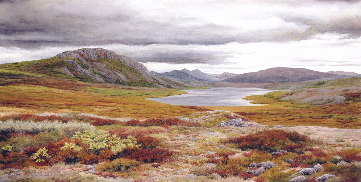 Jessica L. Bryant - Long Lake, Noatak National Preserve, Western Arctic National Parklands, Alaska - watercolor on paper, 14.5 x 29 inches