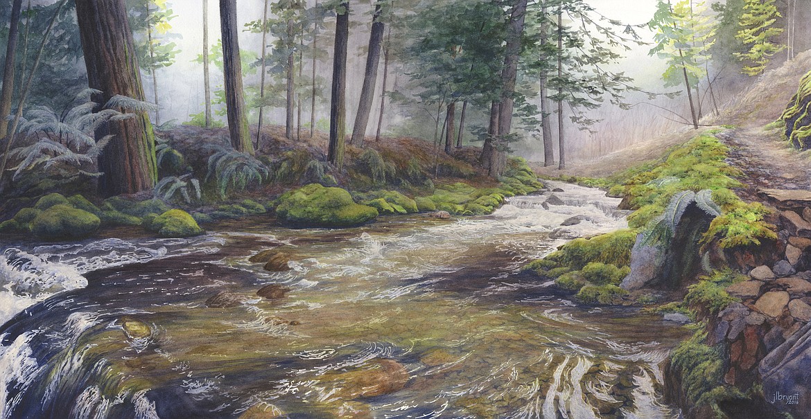 Jessica L. Bryant - Placer Creek from Pulaski Trail (near Wallace, Idaho) - watercolor on paper, 15 by 29 inches.