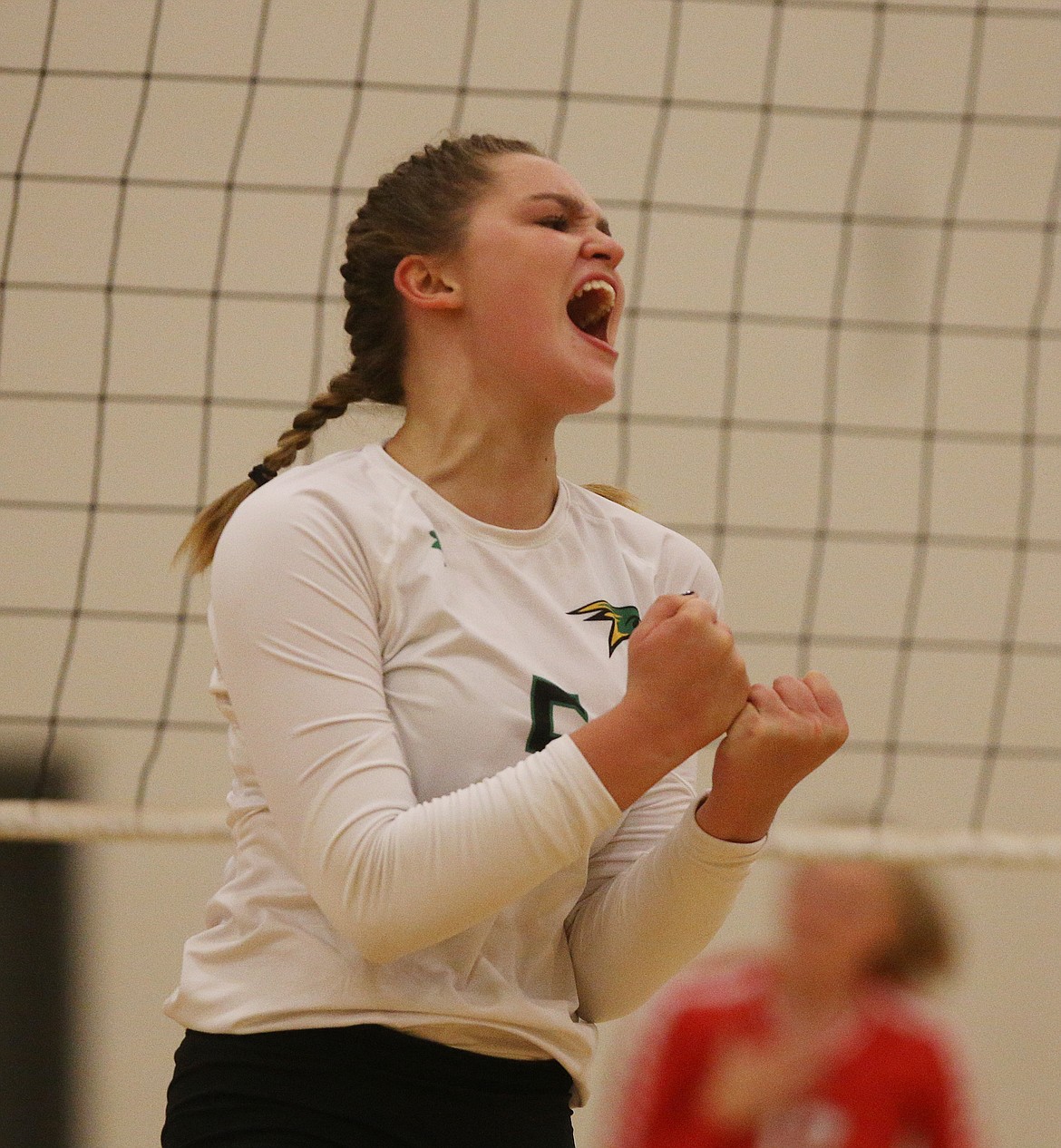 Lakeland&#146;s Daphne Carroll celebrates a spike point against Sandpoint in Thursday night&#146;s match at Lakeland High School. (LOREN BENOIT/Press)