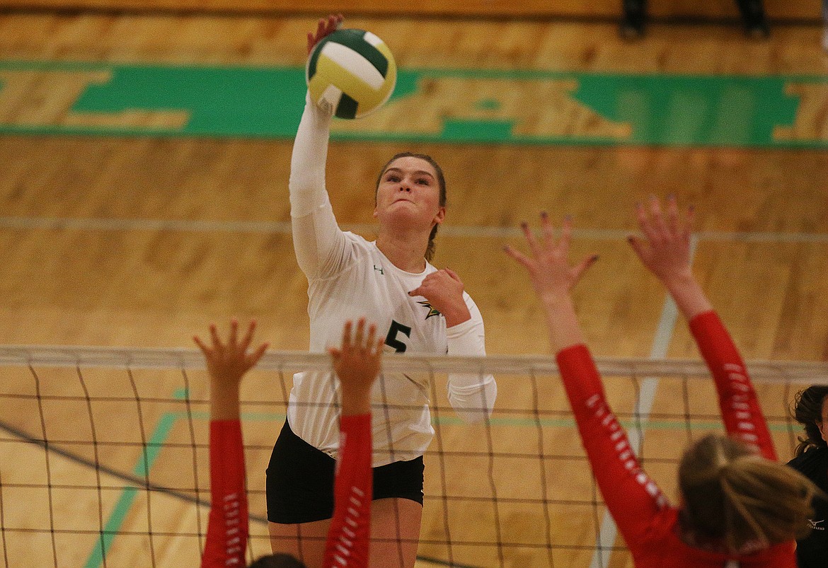 Lakeland&#146;s Daphne Carroll hits a spike in Thursday night&#146;s match against Sandpoint at Lakeland High School. (LOREN BENOIT/Press)