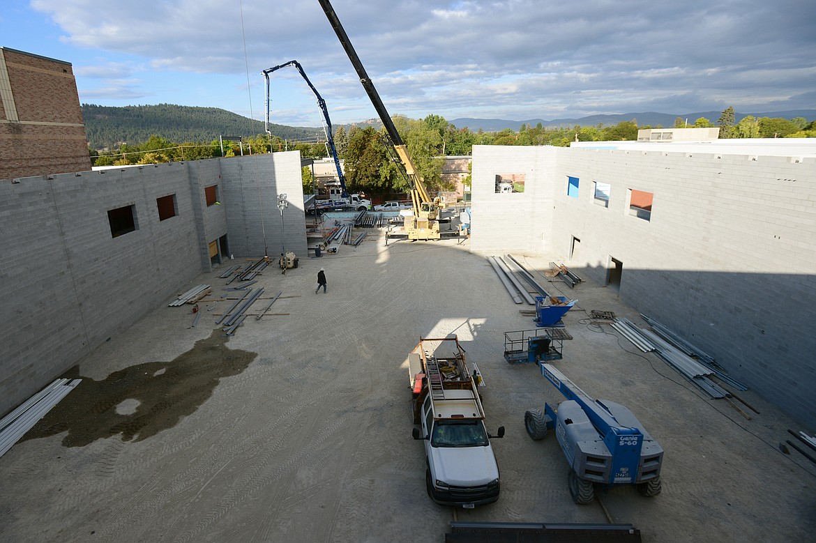 A view from the roof of Flathead High School shows the area under construction that will become the new gymnasium on Wednesday. (Casey Kreider/Daily Inter Lake)