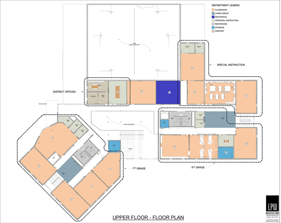 The upper level is about 22,830 square feet and overlooks the gym and commons/dining areas.