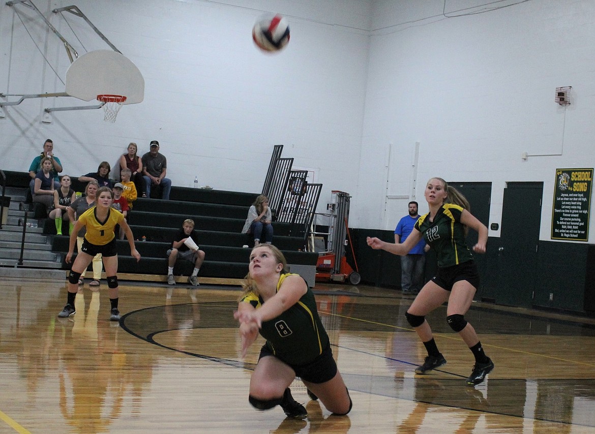 St. Regis sophomore Chloe Cielke goes in for a dig. She had five of the team&#146;s 15 kills against Plains, where the Lady Tigers lost at home on Sept. 11. (Kathleen Woodford/Mineral Independent)