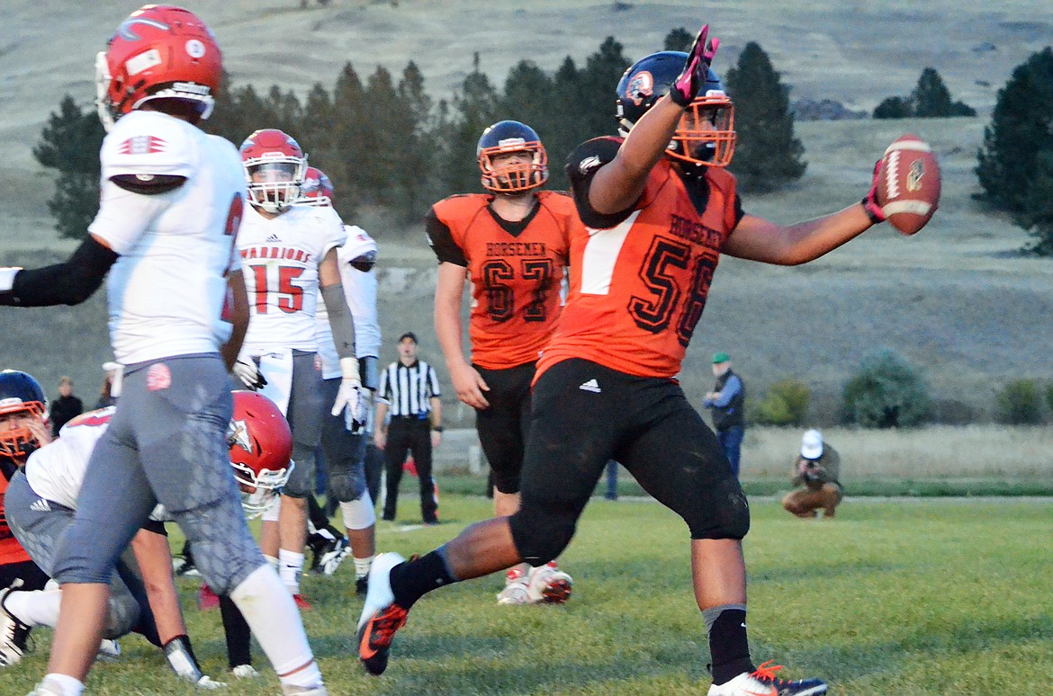 Esvin Reyes pushed through the Arlee defense to get a touchdown for the Horsemen just before halftime. (Erin Jusseaume/ Clark Fork Valley Press)