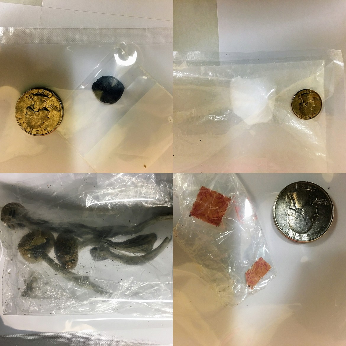 (Top left) Black Tar heroin. (Top right) 20 grams of cocaine. (Bottom left) psychedelic mushrooms. (Bottom right) LSD.