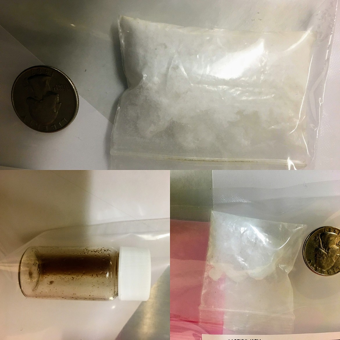 (Top) The largest single seizure of crystal meth from the operation, weighing in at just under an ounce. (Bottom left) An amount of liquid meth. (Bottom right) Another smaller amount of crystal meth.