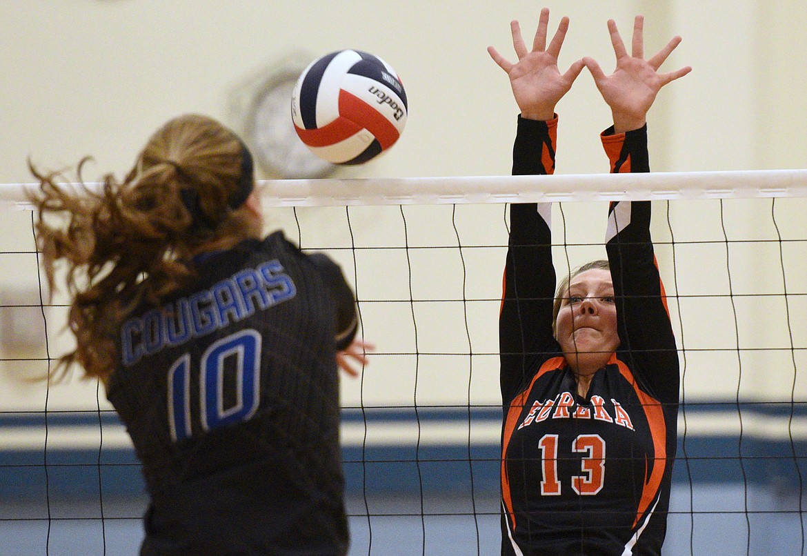 Eureka&#146;s Reena Truman (13) goes up to block the spike of Stillwater Christian&#146;s Abigail Hudson at Stillwater Christian School on Tuesday. (Casey Kreider/Daily Inter Lake)