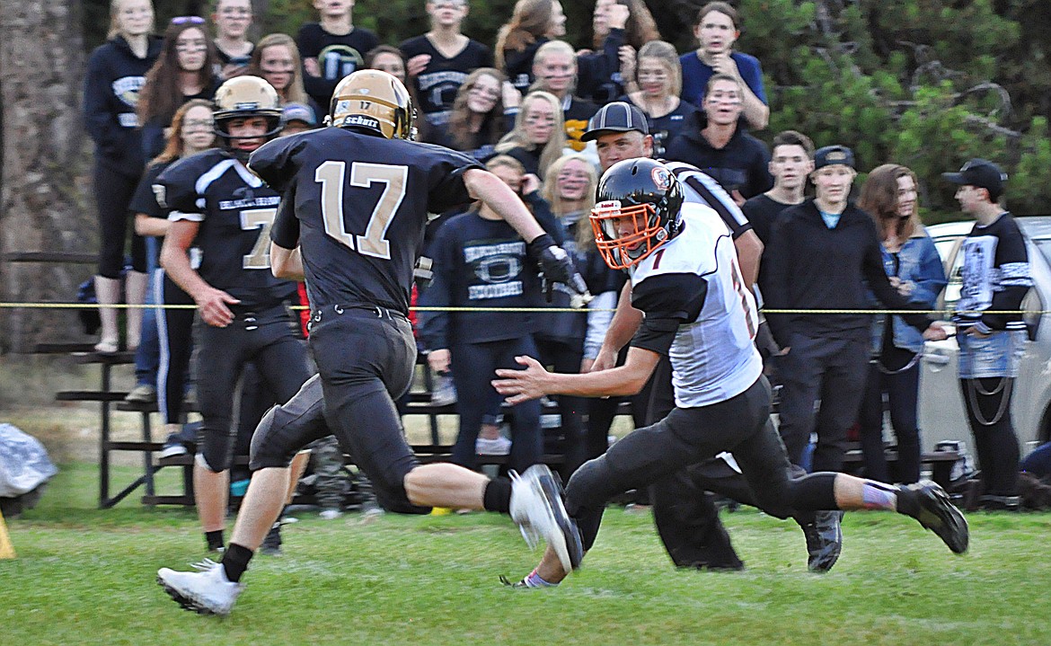 Horsemen quarterback Treydon Brouillette, right, had a big day in Plains' 36-6 win over Seeley on Aug. 31. Brouillette was 5-for-9 passing for 80 yards, and added 113 yards and two touchdowns on the ground. (Jessica Peterson)