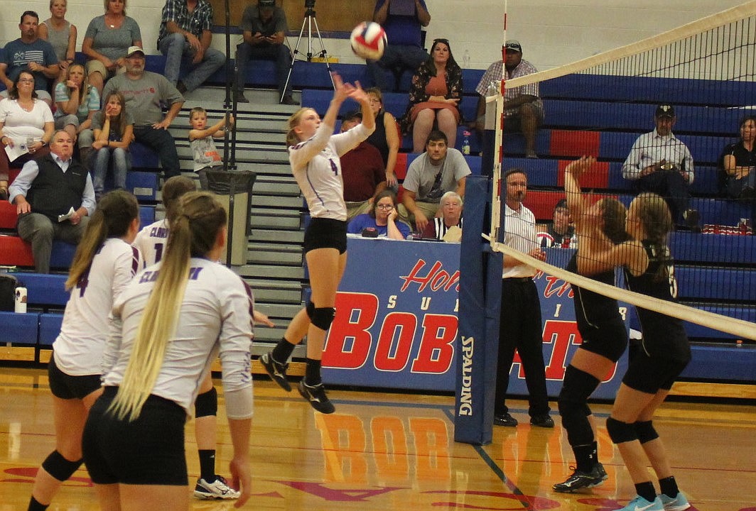 Clark Fork Mountain Cat Emmah Baughman sends the ball over the net in a game against the Seeley-Swan Blackhawks on Sept. 6 in Superior. (Kathleen Woodford/Mineral Independent).