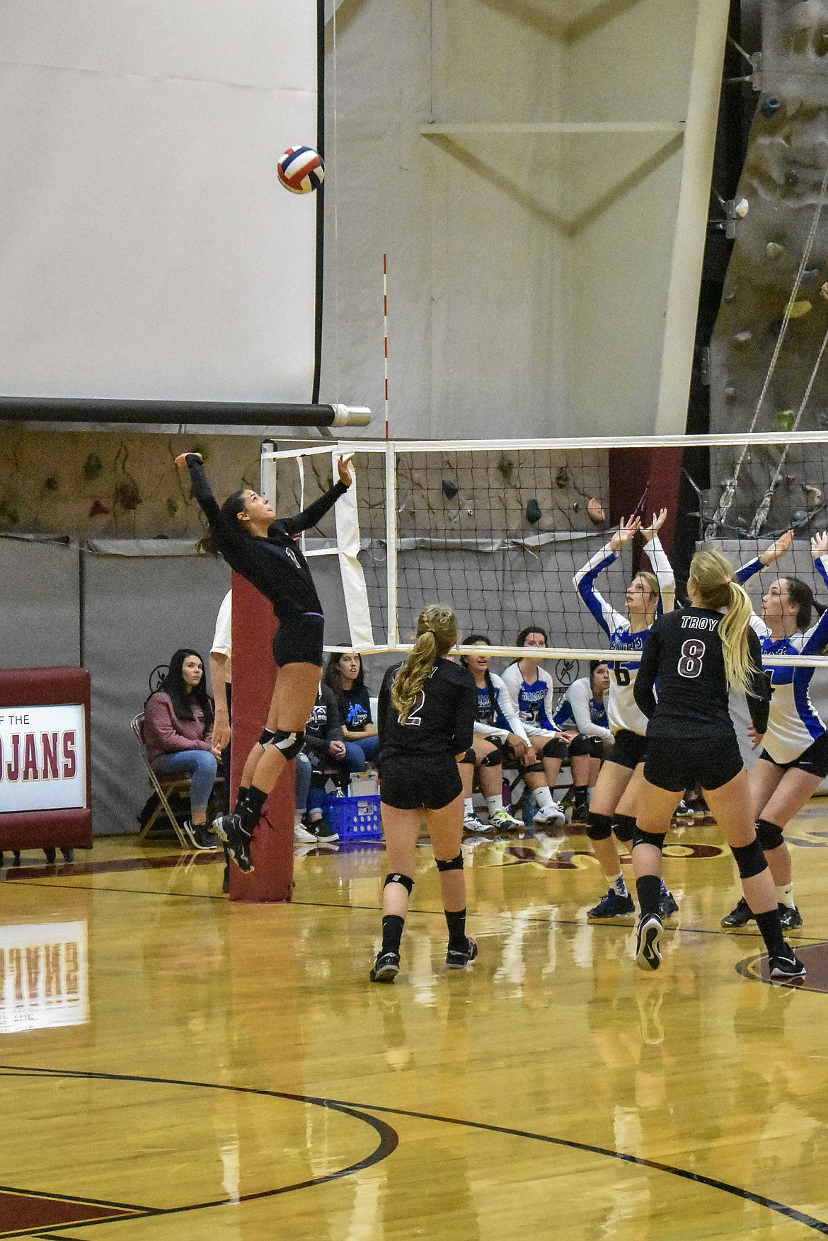 Troy sophomore Talise Bequart goes up for a kill to start off a 5 point run as the Lady Trojans fought to come back late in the third set against Mission Saturday. (Ben Kibbey/The Western News)
