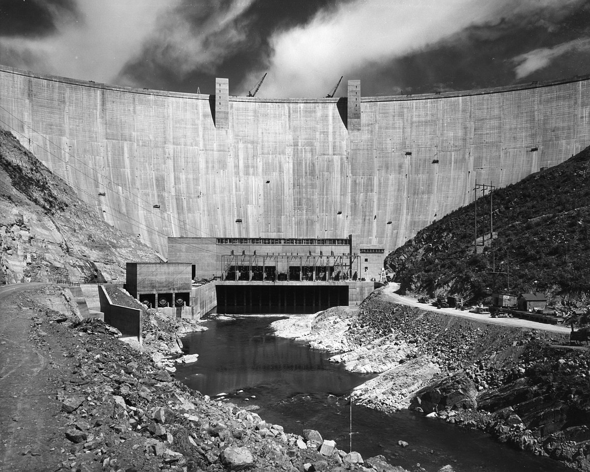 HUNGRY HORSE DAM late in the construction phase. (Bureau of Reclamation photo)