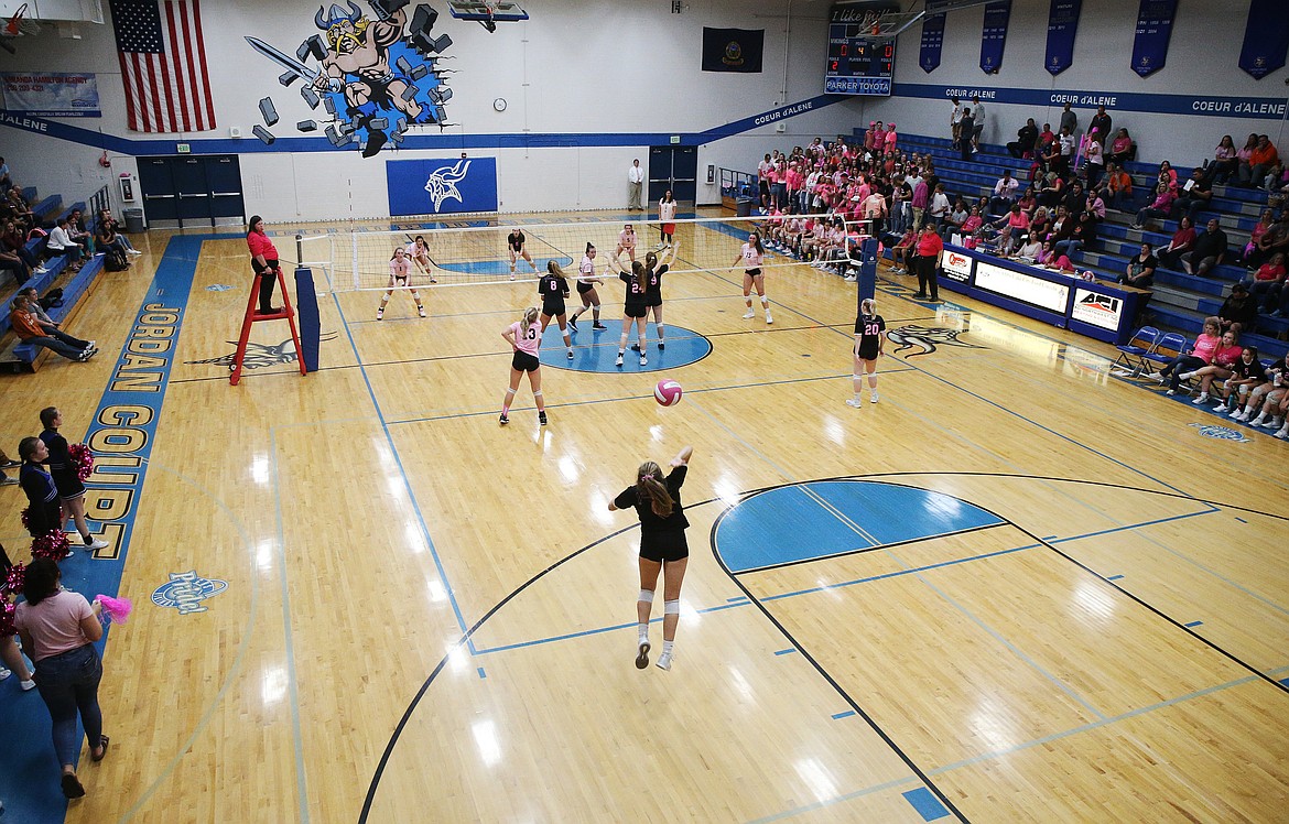 Maya Blake of Post Falls High serves the ball to Coeur d&#146;Alene in Thursday&#146;s Volleyball for the Cure match at Coeur d&#146;Alene High School. (LOREN BENOIT/Press)