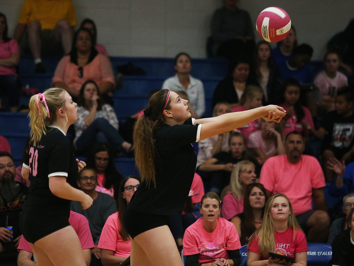 Post Falls outside hitter Madison John bumps the ball to a teammate during Thursday&#146;s Volleyball for the Cure match at Coeur d&#146;Alene High School. (LOREN BENOIT/Press)