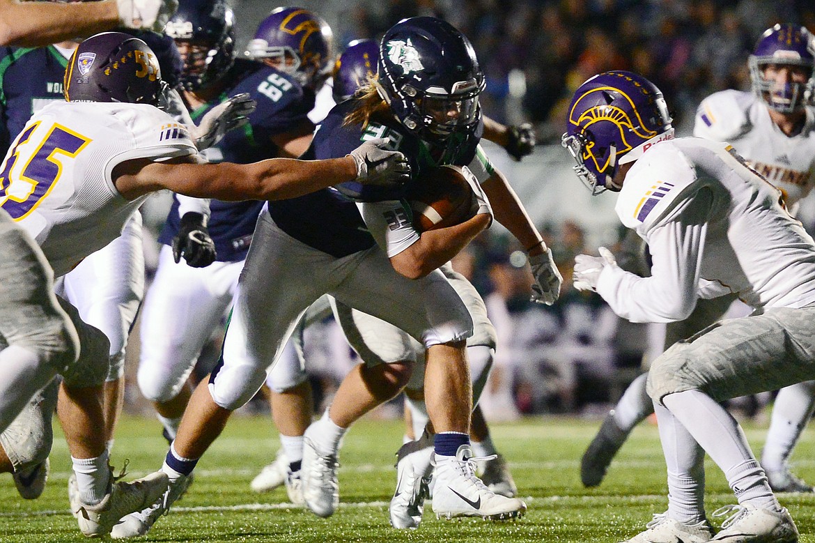 Glacier running back Preston Blain (33) charges into the end zone on a third quarter touchdown run against Missoula Sentinel at Legends Stadium on Friday. (Casey Kreider/Daily Inter Lake)