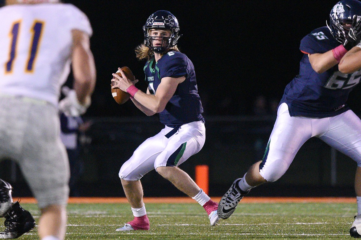 Glacier quarterback Evan Todd (2) looks to throw in the first half against Missoula Sentinel at Legends Stadium on Friday. (Casey Kreider/Daily Inter Lake)