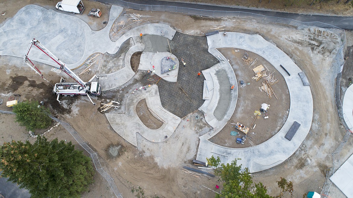 MARK ADDY/Maximum Exposure Photography
Work continues Friday morning on the new skate park under construction near Memorial Field in downtown Coeur d&#146;Alene. The park&#146;s grand opening is scheduled for Oct. 6. This drone photo was taken by Mark Addy of Maximum Exposure Photography Cd&#146;A.