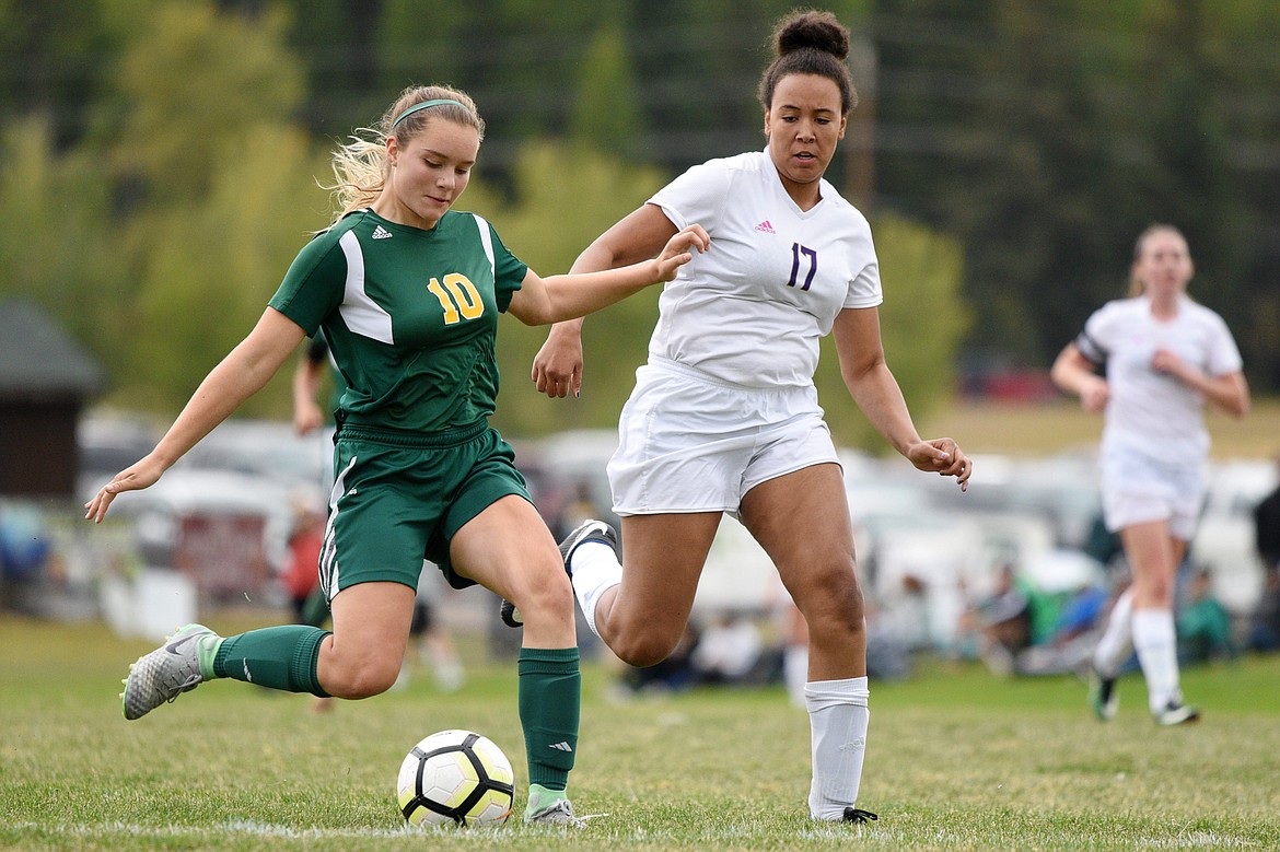 Whitefish's Ali Hirsch scores a first half goal in front of Polson defender Micaela Redwine at Smith Fields in Whitefish on Saturday. (Casey Kreider/Daily Inter Lake)