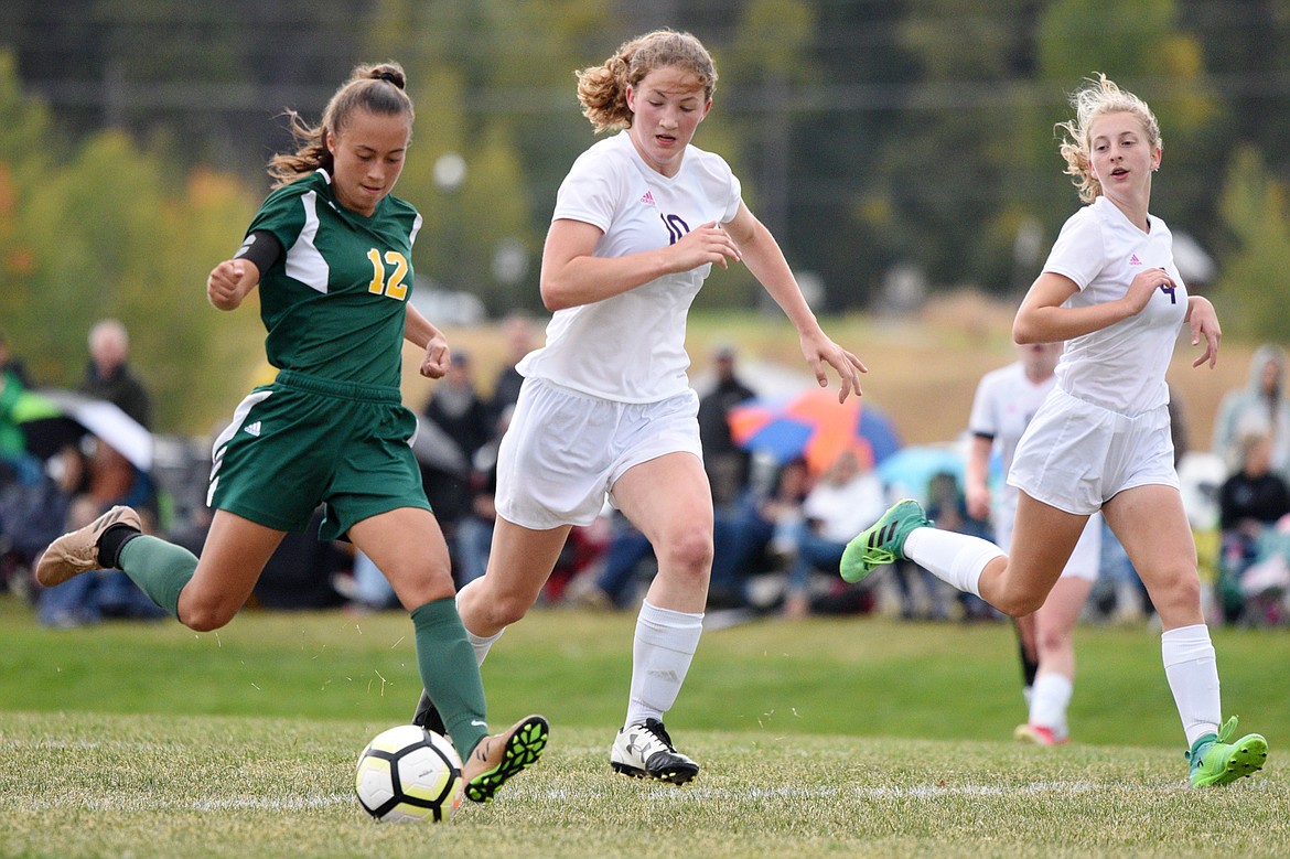 Whitefish's Anna Cook works the ball upfield against Polson at Smith Fields in Whitefish on Saturday. (Casey Kreider/Daily Inter Lake)