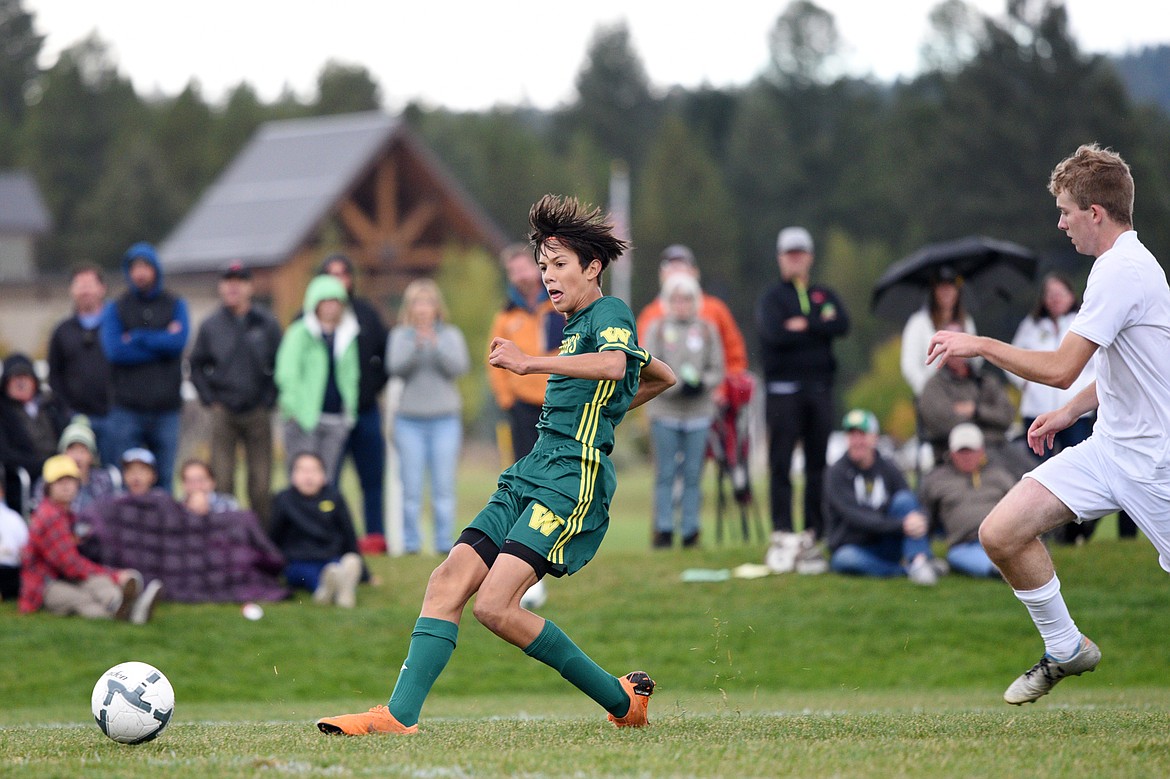 Whitefish's Brandon Mendoza (8) scores a goal in the second half against Polson at Smith Fields in Whitefish on Saturday. (Casey Kreider/Daily Inter Lake)