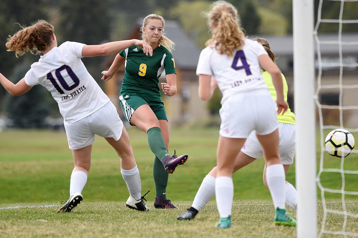 Whitefish's Saylor Schlauch (9) scores a first half goal against Polson at Smith Fields in Whitefish on Saturday. (Casey Kreider/Daily Inter Lake)